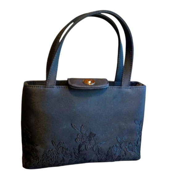 Elegant Black Floral Embroidered Handbag Satin Finish Small Purse Unbranded - Picture 2 of 6